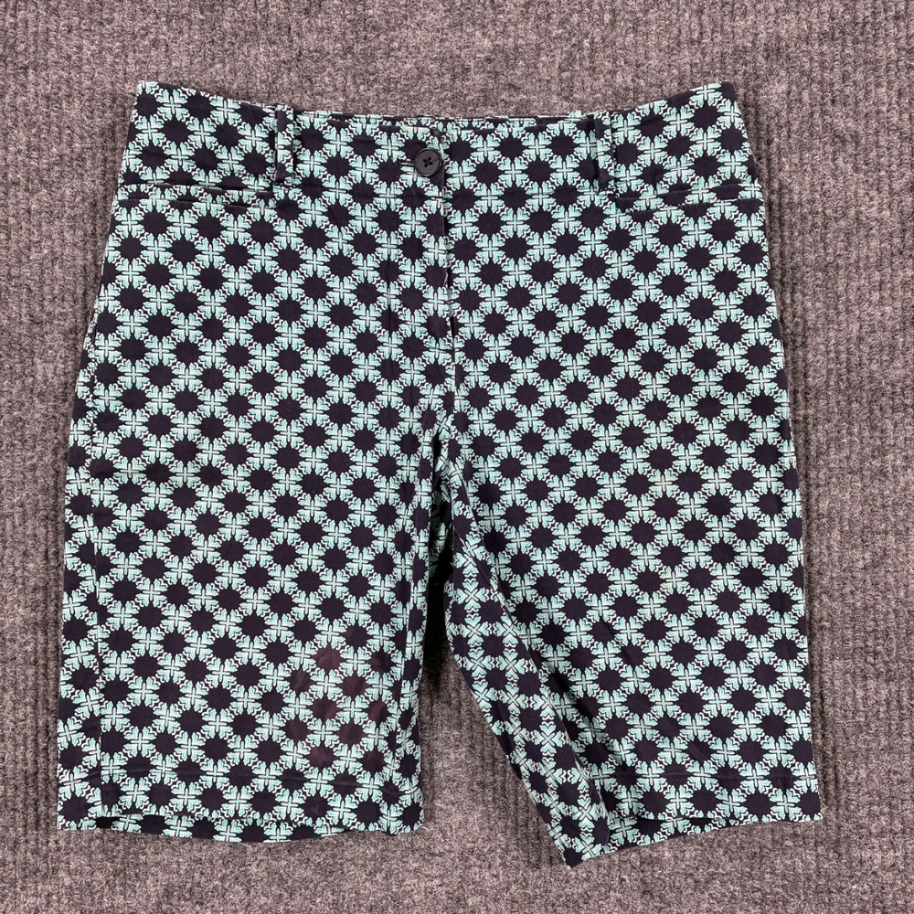 Talbots Petites Womens Size 4P Bermuda Shorts Black Aqua Geometric Print Chino
